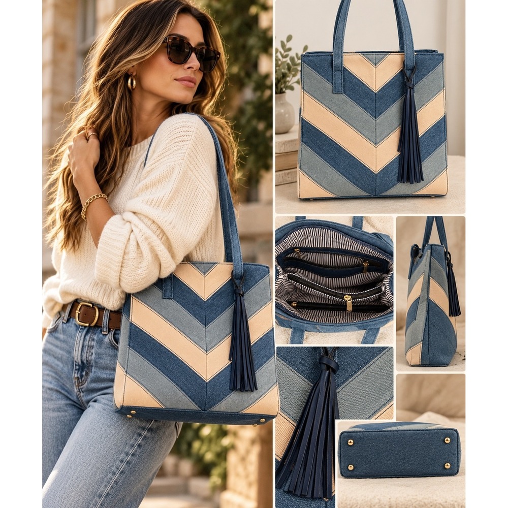 NWOT Denim Patchwork Tote Bag Chevron Colorblock Tassel Y2K Boho Shoulder Bag